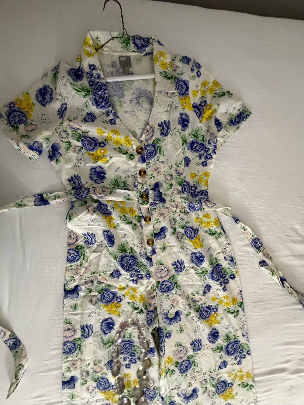 ASOS White Floral Button-Front Short Sleeve Jumpsuit with Blue & Yellow Blooms
